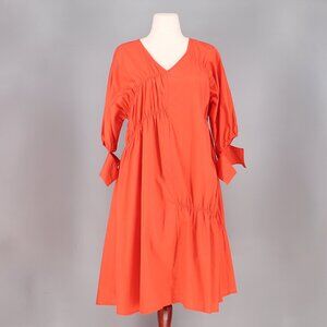 TOV LOS ANGELES Shirred Cotton Red Orange Vermilion Dress Tie Cuff Size 42/L